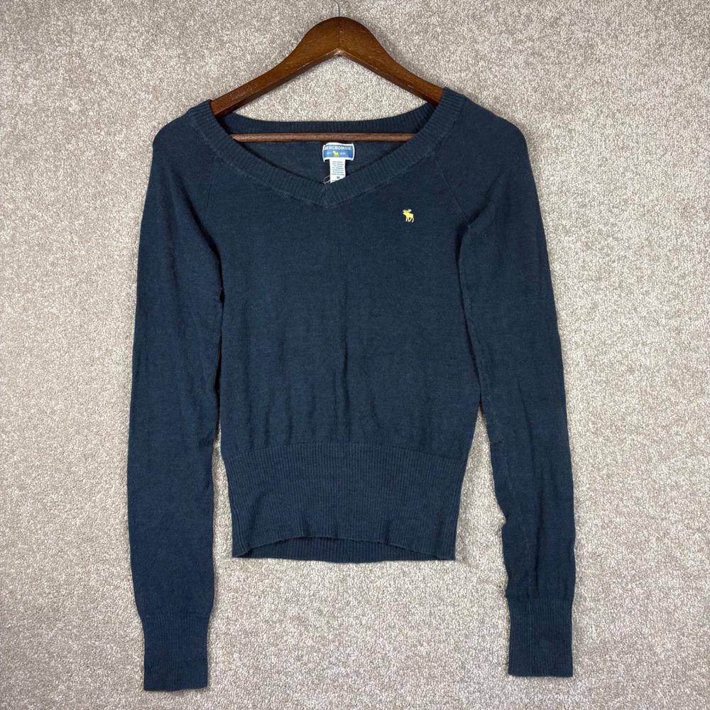 Abercrombie Navy Blue V-Neck Sweater Yellow Moose Logo Ramie Cotton Blend M